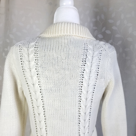 Vintage Cable Knit Belted Collared Button Front Long Cardigan Dayne Taylor Cream - Picture 12 of 15